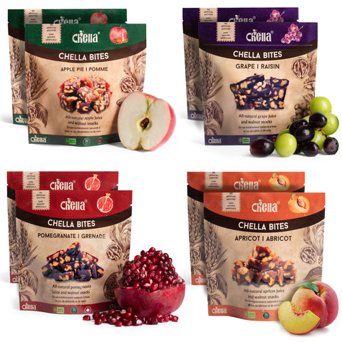 2 packages of each Chella Bites flavour; apricot, apple pie, pomegranate and grape