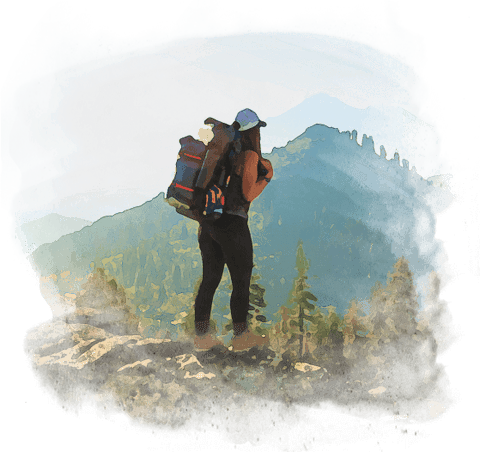 a photo of a hiker with a backpack on in the pacific northwest in watercolour style