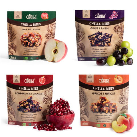 1 package of each Chella Bites flavour; apricot, apple pie, pomegranate and grape
