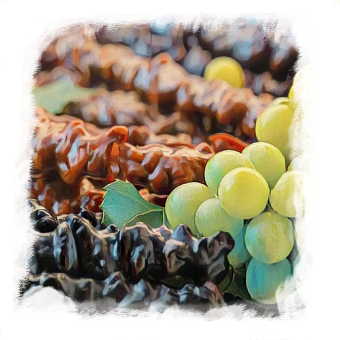 A close-up photo of churchkhela with green grapes to the side all in watercolour style photography.