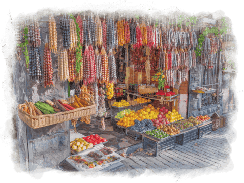 a photo of a Georgian bazaar with many churchkhela hanging up and baskets and bundles of fruit.