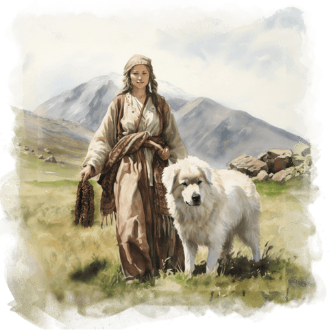 a Georgian lady in the Caucasus mountain region with a wolfdog as her pet. She has very traditional clothes on.
